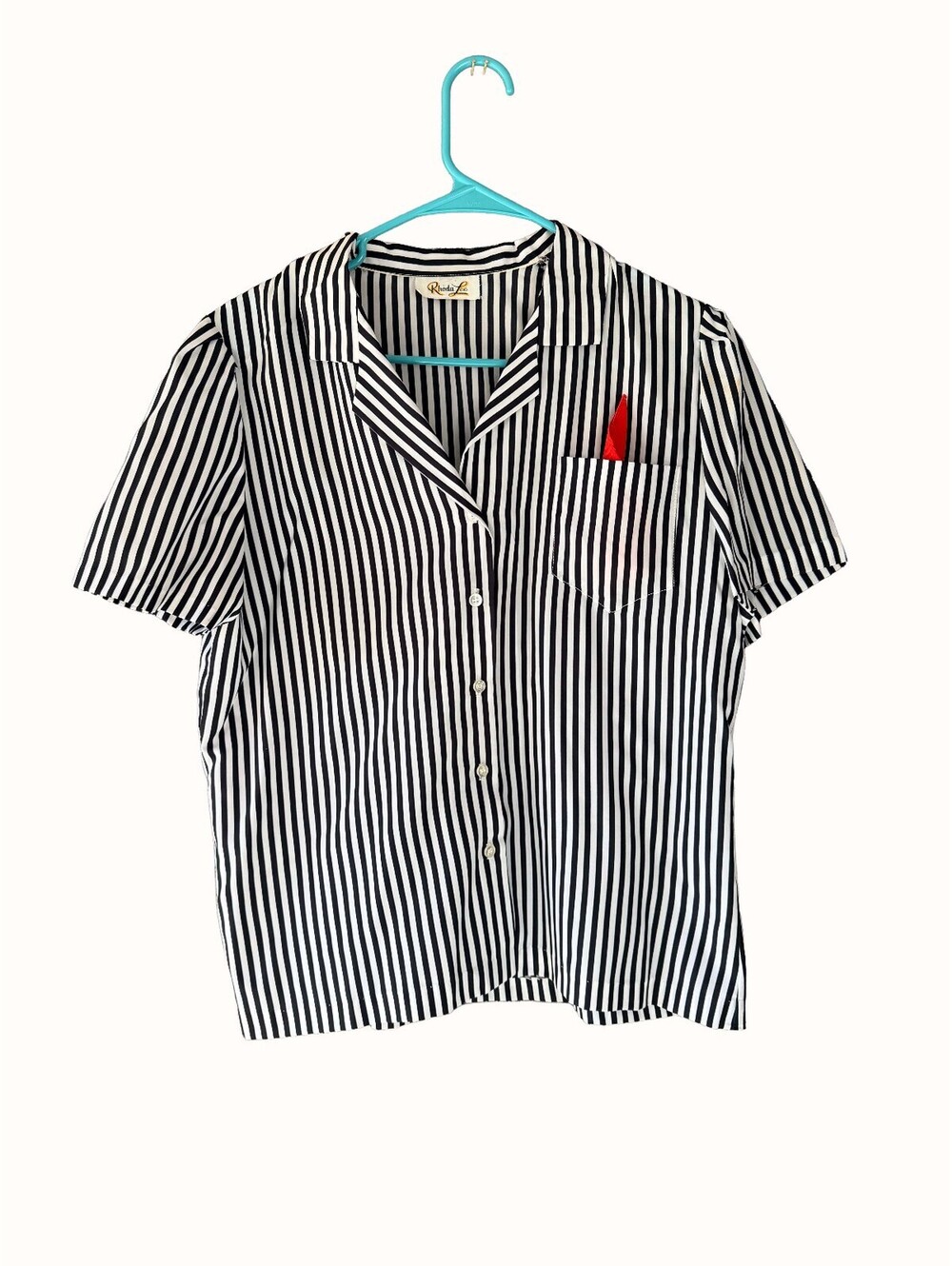 Vintage 80s Rhoda Lee Black White Stripe Camp Collar Blouse Union Made Sz L